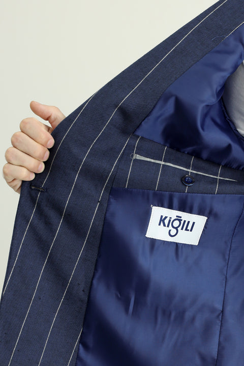 Koyu Lacivert 6 Drop Regular Fit Standart Kesim Kruvaze Çizgili Keten Karışımlı Ceket