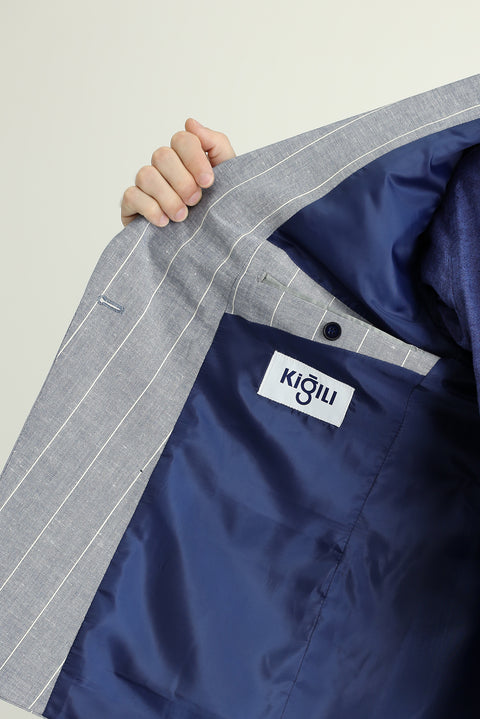 Koyu Mavi 6 Drop Regular Fit Standart Kesim Kruvaze Çizgili Keten Karışımlı Ceket