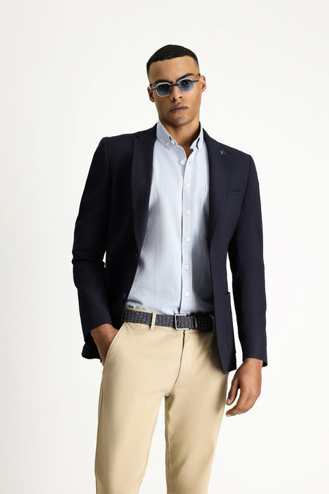 Orta Lacivert 7 Drop Super Slim Fit Eksra Dar Kesim Gofre Ceket