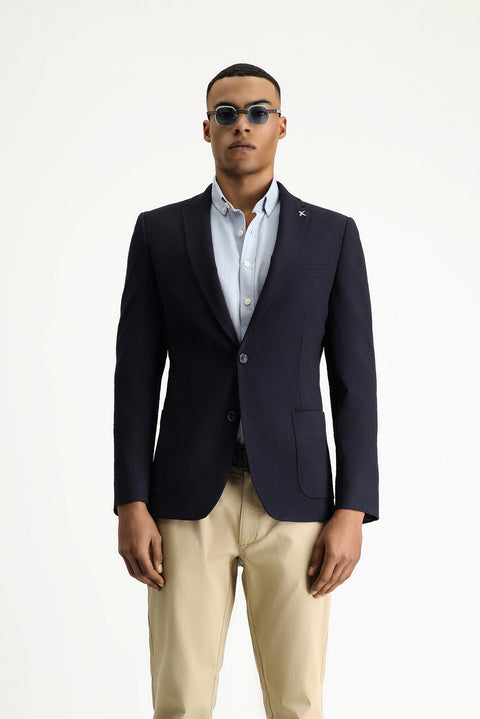 Orta Lacivert 7 Drop Super Slim Fit Eksra Dar Kesim Gofre Ceket