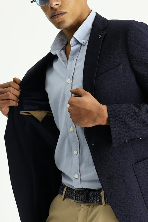 Orta Lacivert 7 Drop Super Slim Fit Eksra Dar Kesim Gofre Ceket