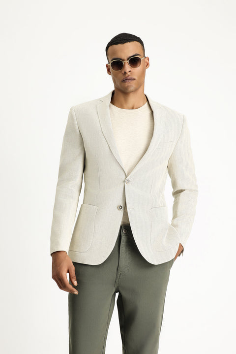 Krem 7 Drop Super Slim Fit Eksra Dar Kesim Desenli Keten Karışımlı Yünlü Spor Ceket