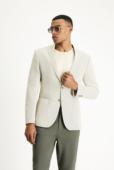 Krem 7 Drop Super Slim Fit Eksra Dar Kesim Desenli Keten Karışımlı Yünlü Spor Ceket
