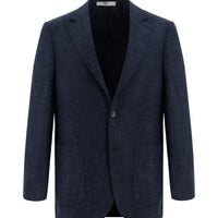 Koyu Lacivert 4 Drop Relaxed Fit Rahat Kesim Ekose Keten Karışımlı Ceket
