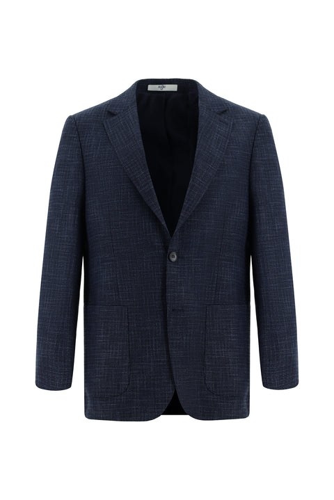 Koyu Lacivert 4 Drop Relaxed Fit Rahat Kesim Ekose Keten Karışımlı Ceket