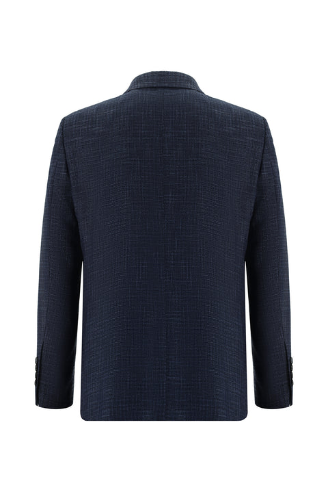 Koyu Lacivert 4 Drop Relaxed Fit Rahat Kesim Ekose Keten Karışımlı Ceket