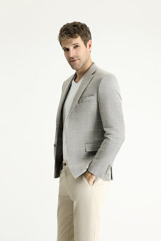 Orta Vizon 7 Drop Slim Fit Dar Kesim Ekose Pamuklu Keten Karışımlı Ceket