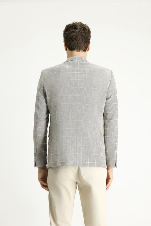 Orta Vizon 7 Drop Slim Fit Dar Kesim Ekose Pamuklu Keten Karışımlı Ceket