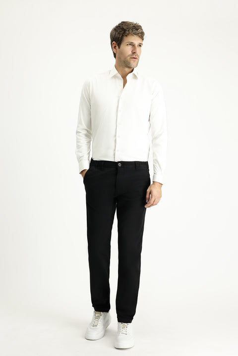 Siyah Regular Fit Standart Kesim Likralı Beli Lastikli Likralı Kanvas / Chino Pantolon