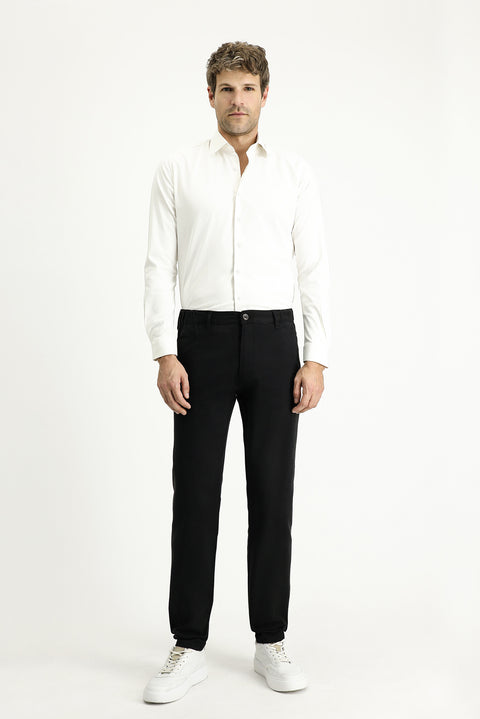Siyah Regular Fit Standart Kesim Likralı Beli Lastikli Likralı Kanvas / Chino Pantolon
