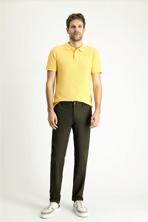 Koyu Haki Regular Fit Standart Kesim Beli Lastikli Likralı Chino/Kanvas Pantolon