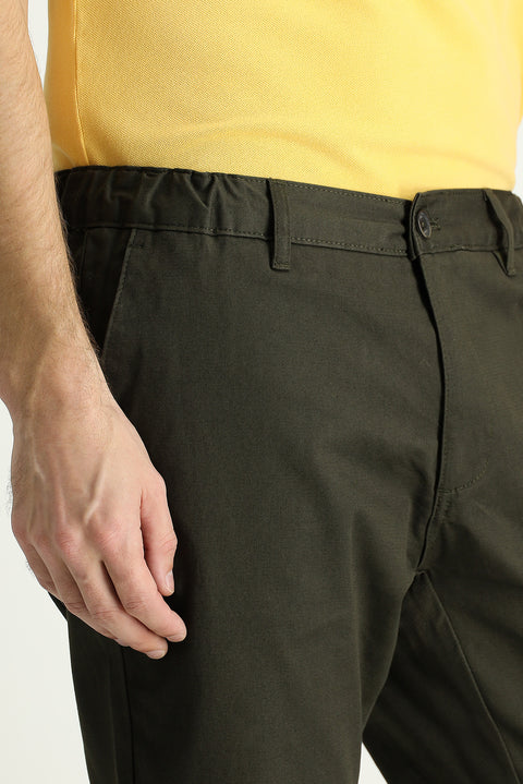 Koyu Haki Regular Fit Standart Kesim Beli Lastikli Likralı Chino/Kanvas Pantolon