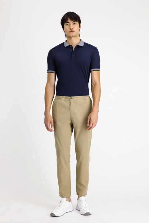 Medium Beige Regular Fit Standard Cut Elasticated Waist Stretchy Canvas / Chino Trousers