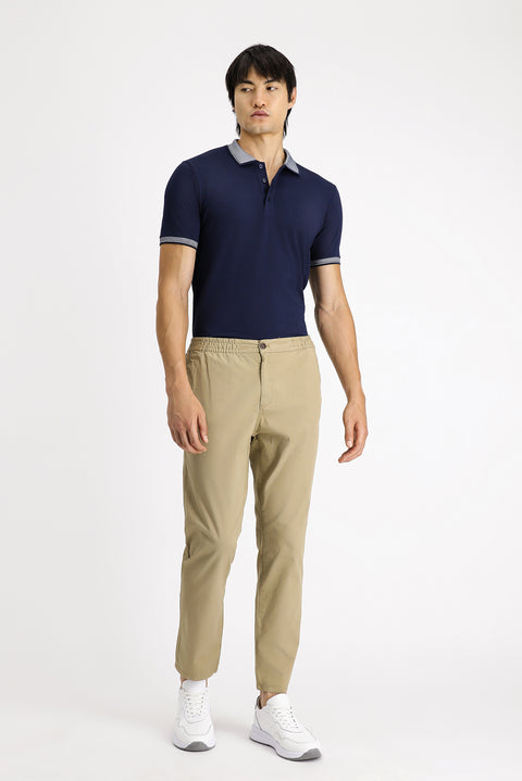 Medium Beige Regular Fit Standard Cut Elasticated Waist Stretchy Canvas / Chino Trousers