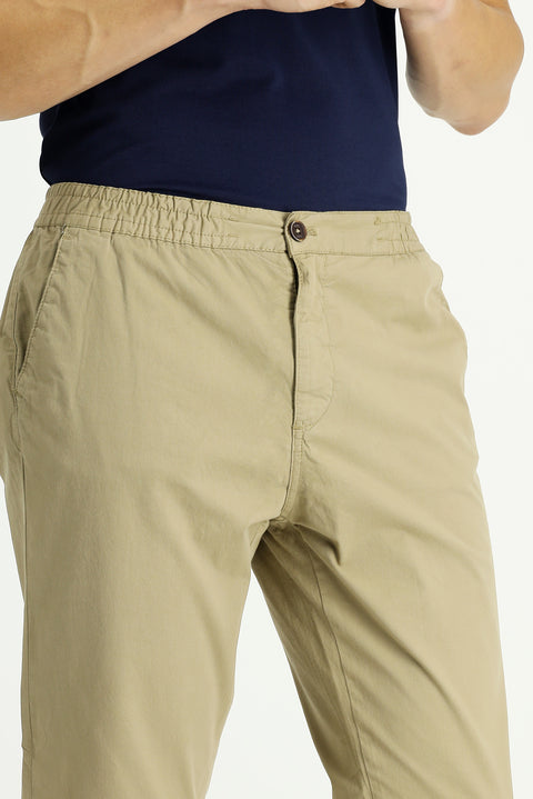 Medium Beige Regular Fit Standard Cut Elasticated Waist Stretchy Canvas / Chino Trousers