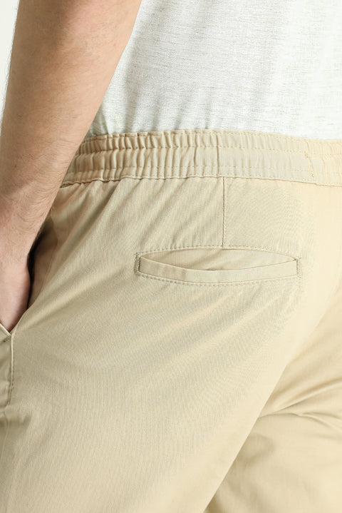 Açık Bej Regular Fit Standart Kesim Likralı Beli Lastikli İpli Pantolon