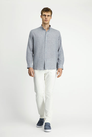 Açık Lacivert Uzun Kol Regular Fit Spor Düğmeli Yaka Pamuklu Keten Şantuk Gömlek