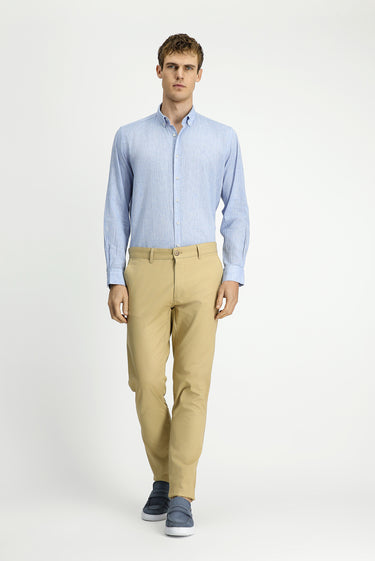 Gök Mavisi Uzun Kol Regular Fit Spor Düğmeli Yaka Pamuklu Keten Şantuk Gömlek