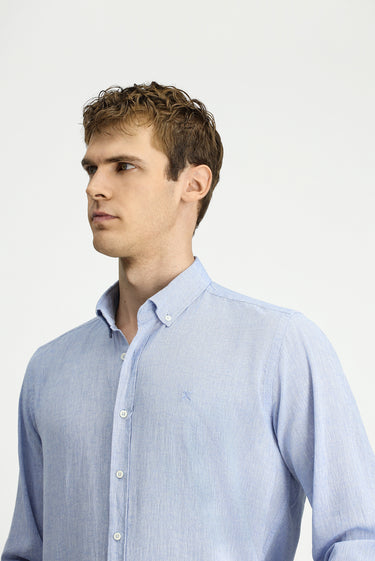 Gök Mavisi Uzun Kol Regular Fit Spor Düğmeli Yaka Pamuklu Keten Şantuk Gömlek
