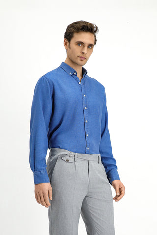 Orta Lacivert Uzun Kol Regular Fit Spor Düğmeli Yaka Denim Görünümlü Lyocell Gömlek