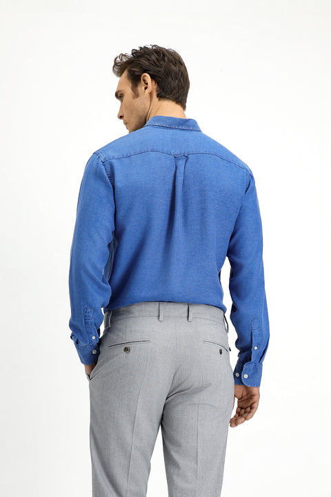 Orta Lacivert Uzun Kol Regular Fit Spor Düğmeli Yaka Denim Görünümlü Lyocell Gömlek