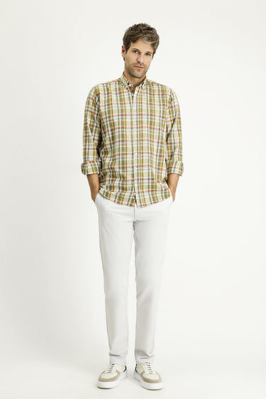 Açık Haki Uzun Kol Regular Fit Ekose Spor Pamuk Gömlek