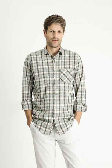 Orta Haki Uzun Kol Regular Fit Ekose Pamuk Gömlek