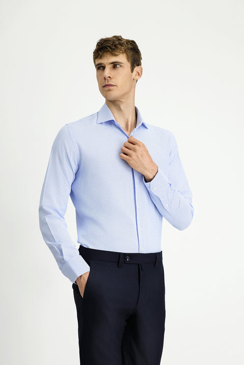 Açık Mavi Uzun Kol Slim Fit Dar Kesim Klasik Desenli Pamuk Gömlek