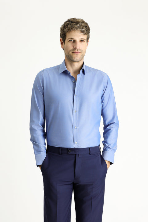 Koyu Mavi Uzun Kol Slim Fit Dar Kesim Spor Pamuk Gömlek