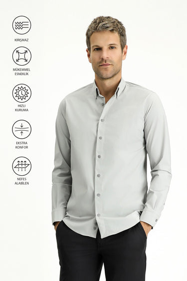 Açık Gri Techno-Line Uzun Kol Slim Fit Dar Kesim Likralı Gömlek