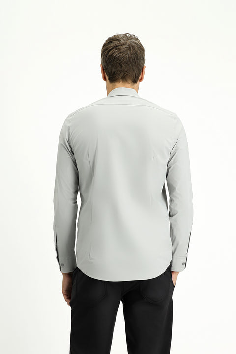 Açık Gri Techno-Line Uzun Kol Slim Fit Dar Kesim Likralı Gömlek