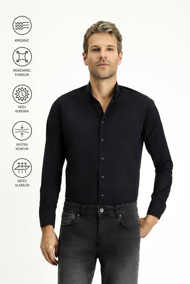 Koyu Lacivert Techno-Line Uzun Kol Slim Fit Dar Kesim Likralı Gömlek