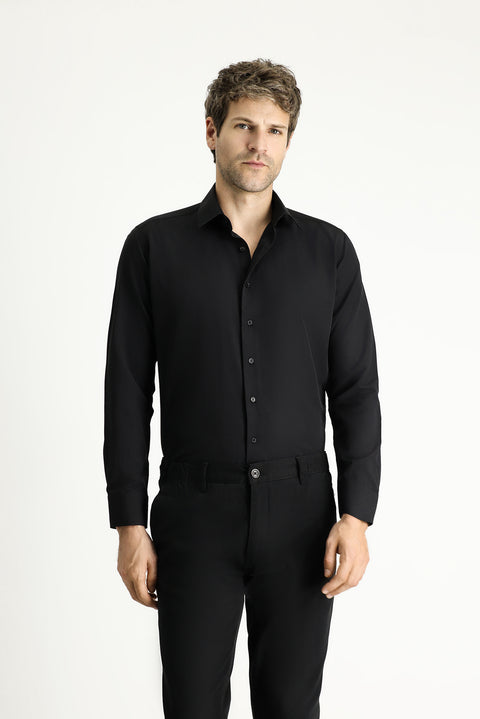 Siyah Uzun Kollu Slim Fit Dar Kesim Klasik Pamuklu Kolay Ütülenebilir Gömlek