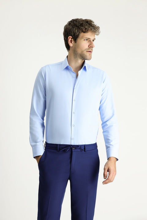 Açık Mavi Uzun Kollu Slim Fit Dar Kesim Klasik Pamuklu Kolay Ütülenebilir Gömlek
