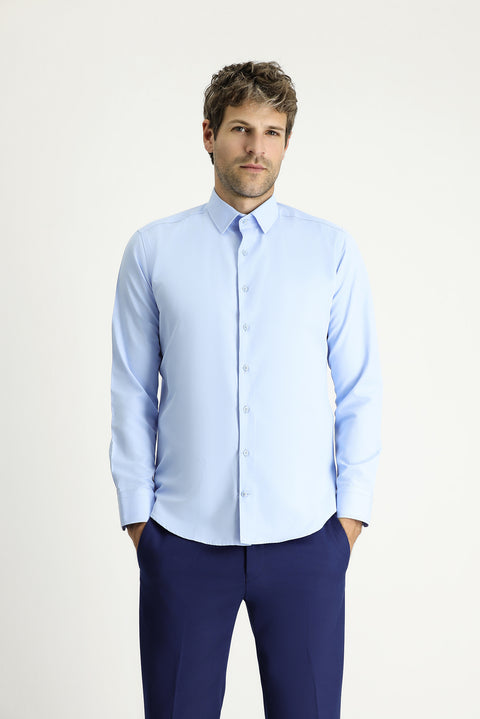 Açık Mavi Uzun Kollu Slim Fit Dar Kesim Klasik Pamuklu Kolay Ütülenebilir Gömlek