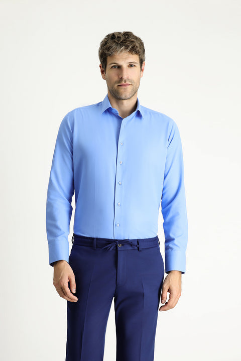 Mavi Uzun Kollu Slim Fit Dar Kesim Klasik Pamuklu Kolay Ütülenebilir Gömlek