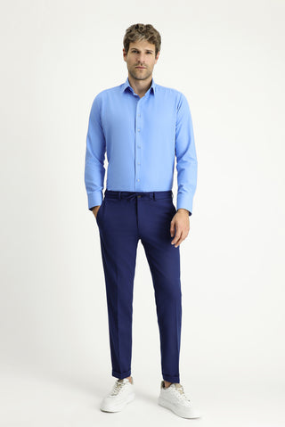 Mavi Uzun Kollu Slim Fit Dar Kesim Klasik Pamuklu Kolay Ütülenebilir Gömlek
