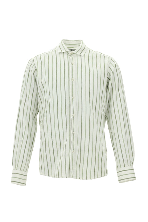 Mint Yeşili Uzun Kol Slim Fit Dar Kesim Çizgili Keten Gömlek