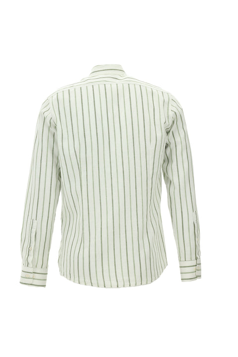 Mint Yeşili Uzun Kol Slim Fit Dar Kesim Çizgili Keten Gömlek