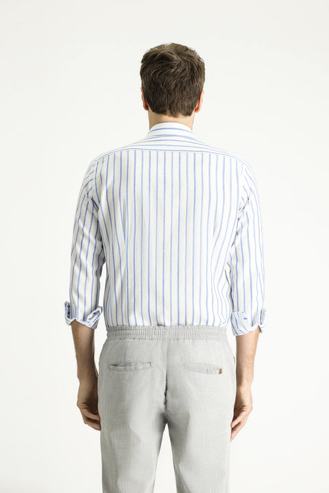 Koyu Mavi Uzun Kol Slim Fit Dar Kesim Çizgili Spor Keten Karışımlı Pamuklu Gömlek