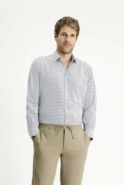 Navy Blue Long Sleeve Regular Fit Plaid Cotton Easy-Iron Shirt