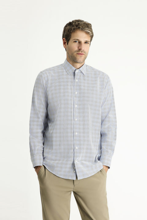 Navy Blue Long Sleeve Regular Fit Plaid Cotton Easy-Iron Shirt