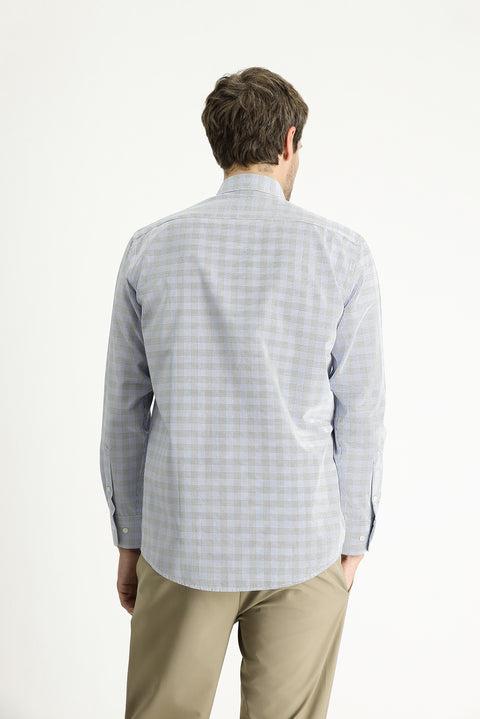 Navy Blue Long Sleeve Regular Fit Plaid Cotton Easy-Iron Shirt