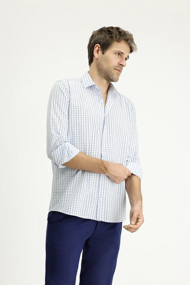Mavi Uzun Kol Regular Fit Ekose Pamuklu Kolay Ütülenebilir Gömlek