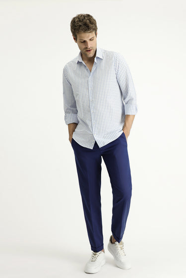 Mavi Uzun Kol Regular Fit Ekose Pamuklu Kolay Ütülenebilir Gömlek