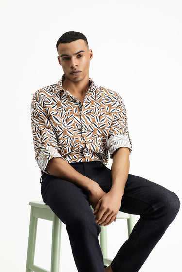 Açık Kahve  Uzun Kol Oversize Baskılı Keten Karışımlı Pamuklu Gömlek