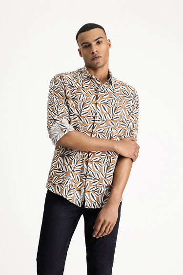 Açık Kahve  Uzun Kol Oversize Baskılı Keten Karışımlı Pamuklu Gömlek