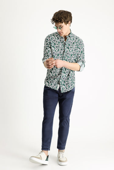 Koyu Yeşil Uzun Kol Oversize Baskılı Keten Karışımlı Gömlek