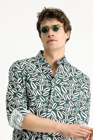 Koyu Yeşil Uzun Kol Oversize Baskılı Keten Karışımlı Gömlek