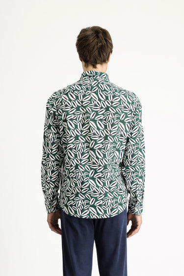 Koyu Yeşil Uzun Kol Oversize Baskılı Keten Karışımlı Gömlek